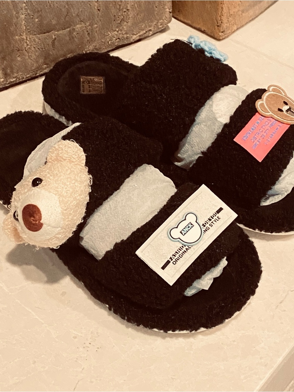 New!  Teddy Bear Plush Slide Slippers - Black & Light Blue